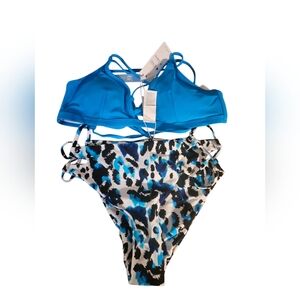 NWT Womens Cupshe Blue Strappy Bikini Top with Animal Print‎ Bottom Size Small